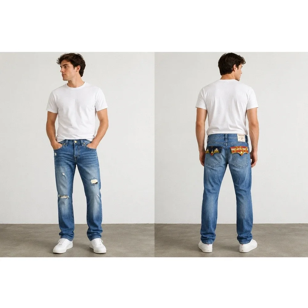 True Religion Mens Size 32 Ricky Relaxed Straight Jeans Distressed Flap Pockets